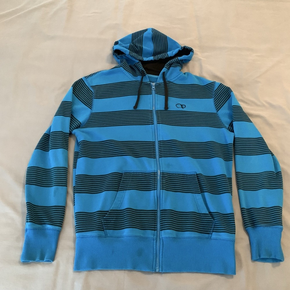 Ocean Pacific Hoodie Mens Small Blue Striped Full Zip Logo Knit Sweatshirt Y2K